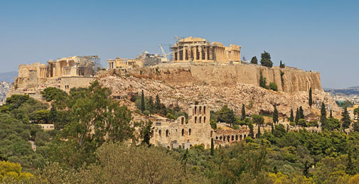 View of Acropolis of Athens on top of a hill overlooking ancient Greece.