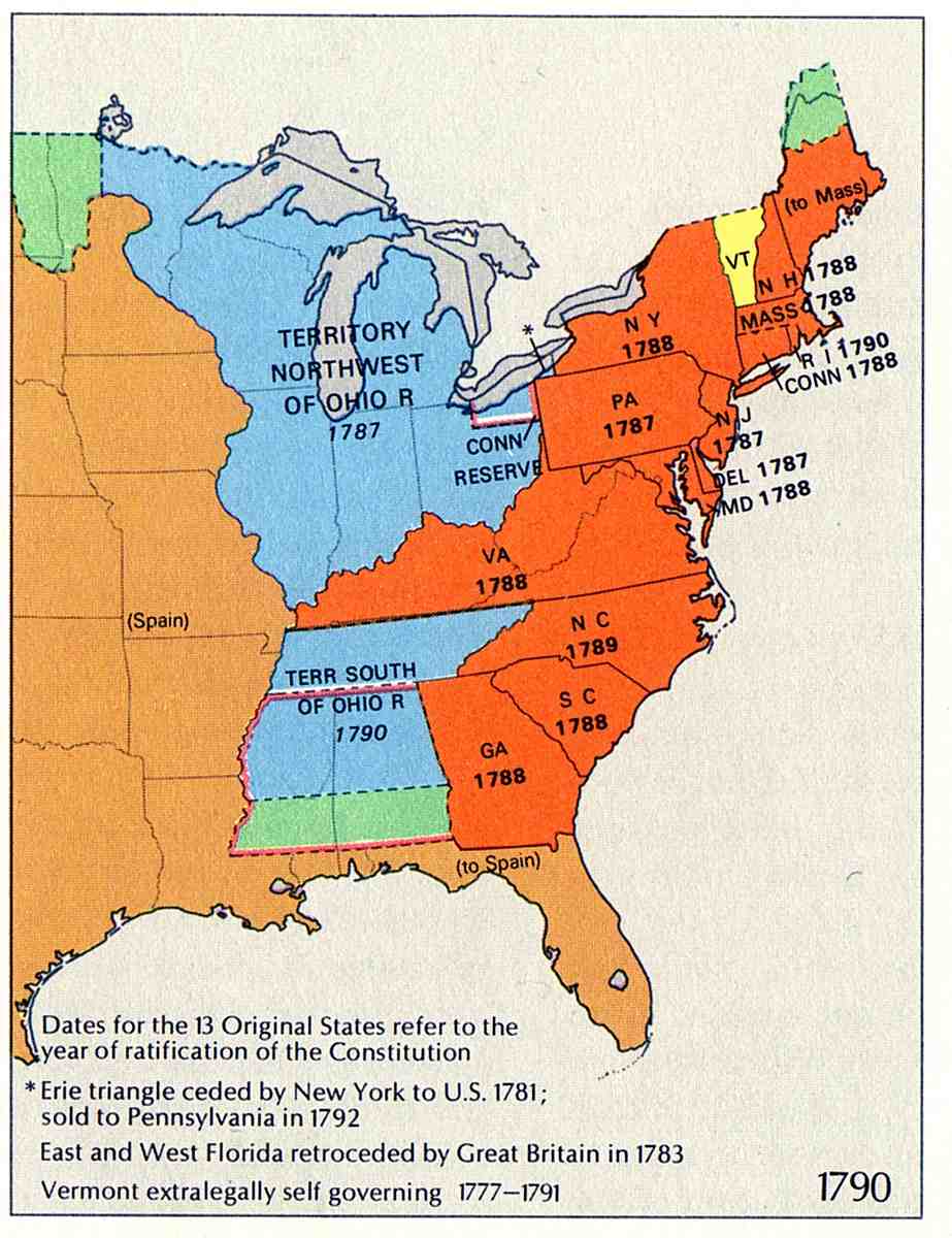 map showing original 13 states and settled United States territories in 1790