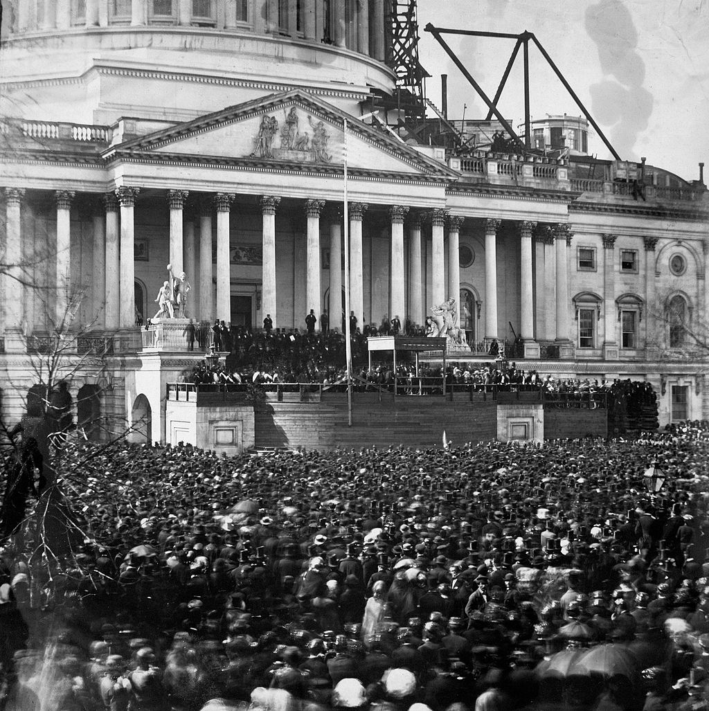 a photograph showing the participants and crowd at the first inauguration of President Abraham Lincoln