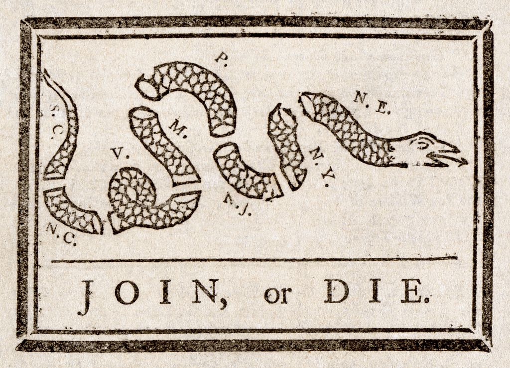 a political cartoon showing a snake cut into several segments with the caption “Join, or Die”