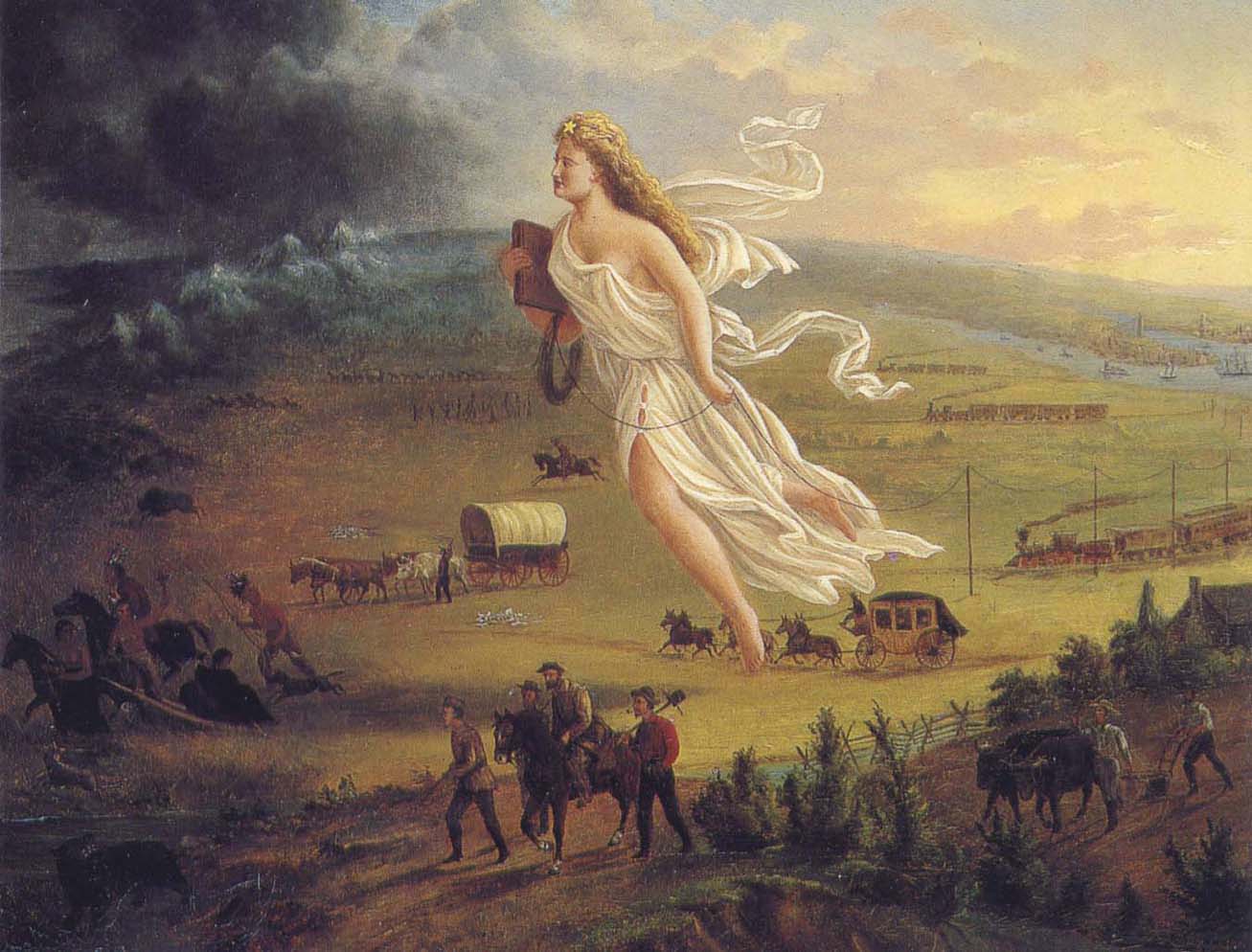 painting of people moving west, guided and protected by the angel Columbia