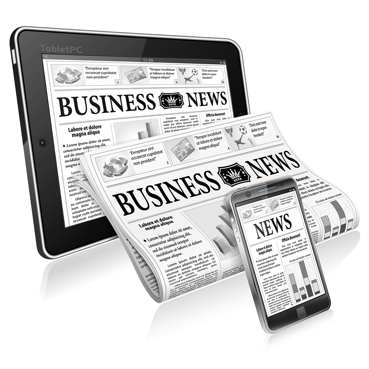 news on tablet, newspaper, and mobile phone