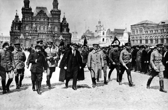 Russian leader Lenin with a group of commanders at the Red Square in 1919 Russia.