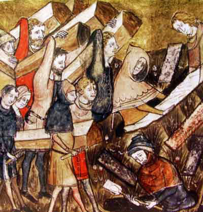 a painting showing a group of people carrying coffins