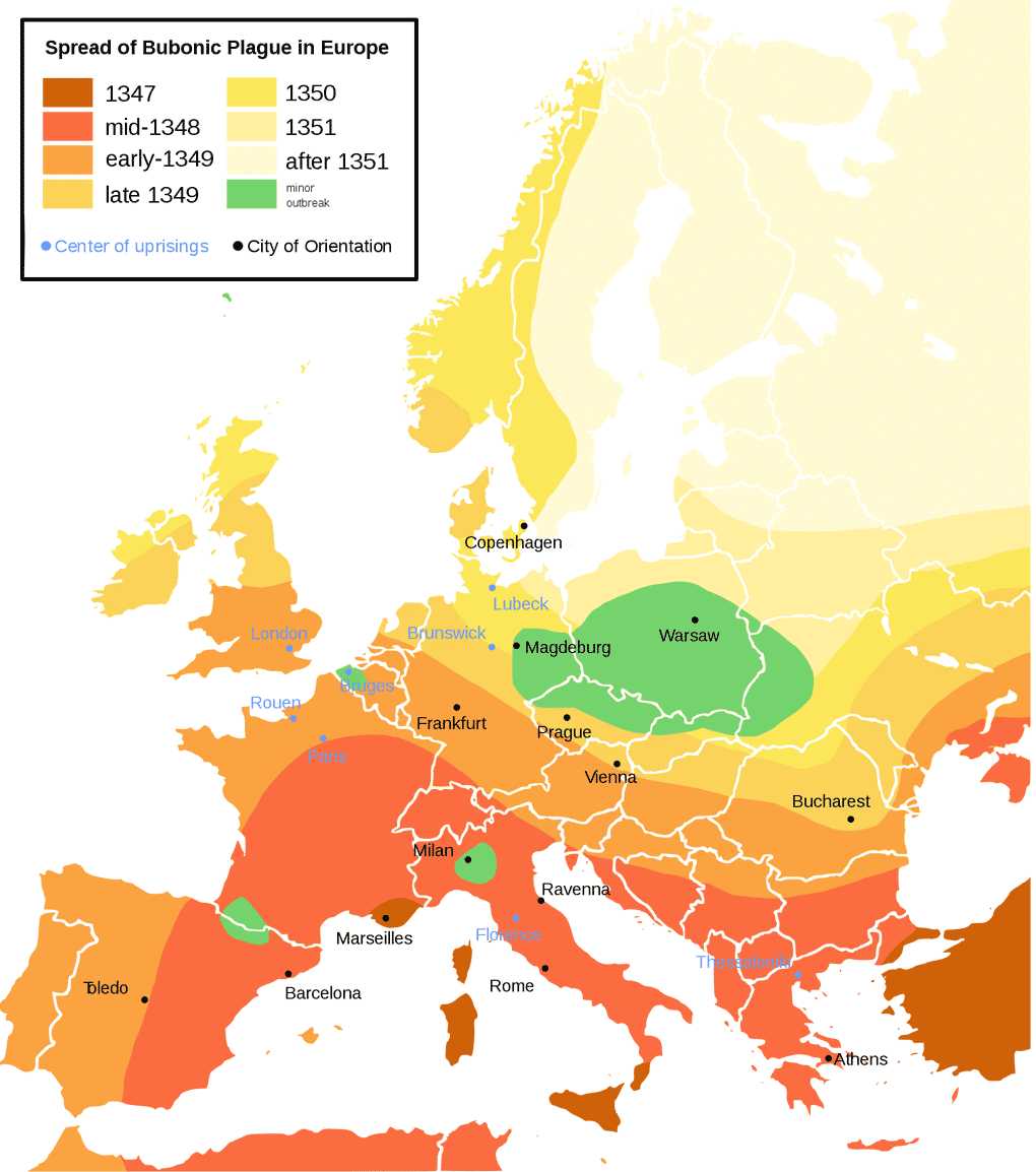a color-coded map indicating the spatial distribution of plague outbreaks over time along the major European sea and land trade routes.
