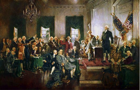 an oil painting showing a man signing a document while other men looked on