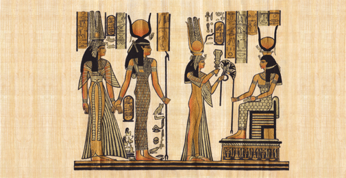 Anchient Egyptian papyrus showing three women approaching woman on throne. 