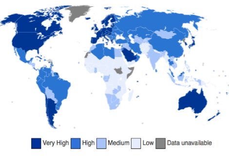 World map showing areas of human development from low to very high