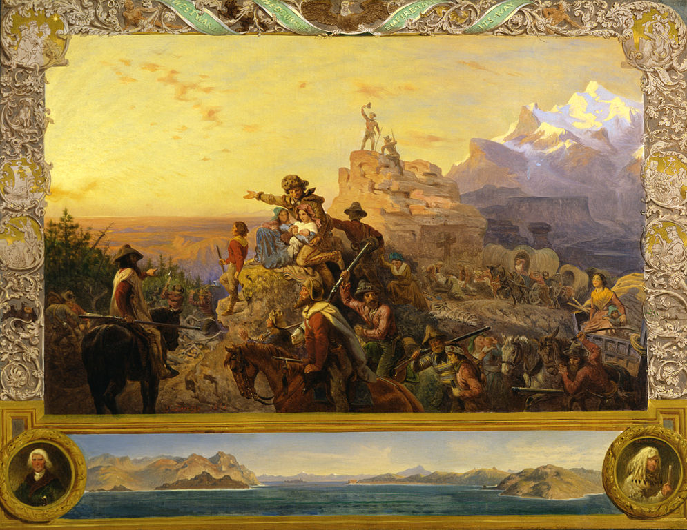a painting depicting people on horses, carts, and foot migrating