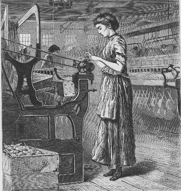 drawing of girl working on bobbin