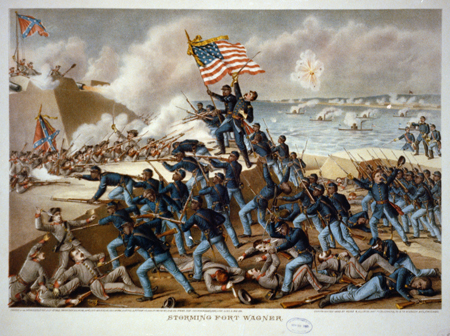 Painting of Union soldiers storming the walls of Fort Wagner and engaging some Confederate soldiers in hand-to-hand combat.