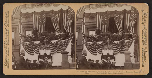 President Theodore Roosevelt addressing the people from a balcony