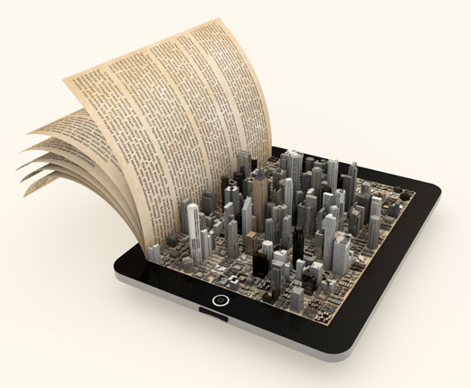 book pages and city grid extending from a tablet computer