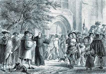 Drawing of a crowd of people outside church door.