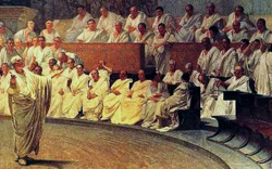 a painting of a scene where a leader denounces another leader in an ancient Roman senate session
