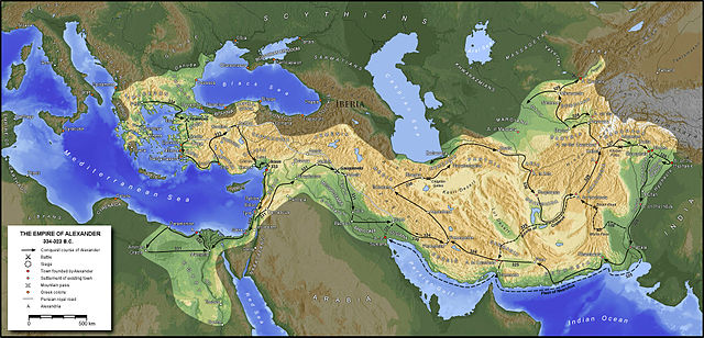 a map from regions of the Mediterranean to India showing the extent of the empire of Alexander the Great