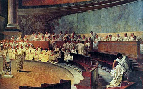 a painting of a scene where a leader denounces another leader in an ancient Roman senate session