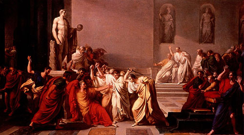 a painting showing men attired in ancient Roman robes attempting to stab a man seated on the throne