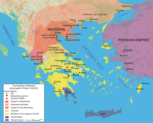 a map highlighting Macedon and the Persian Empire separated by the Aegean Sea