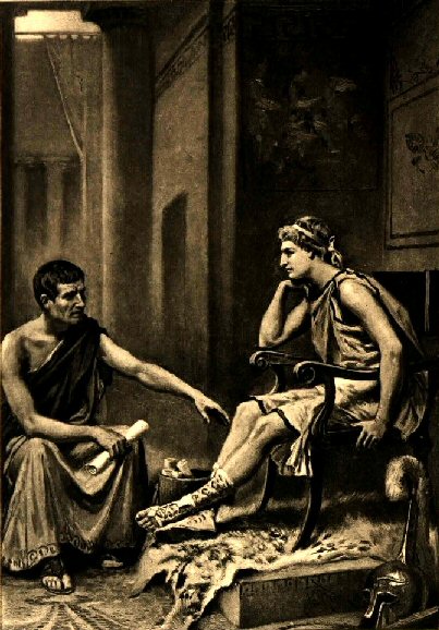 an older man in Ancient Greek attire with a scroll on his right hand pointing toward a younger man seated on a high chair