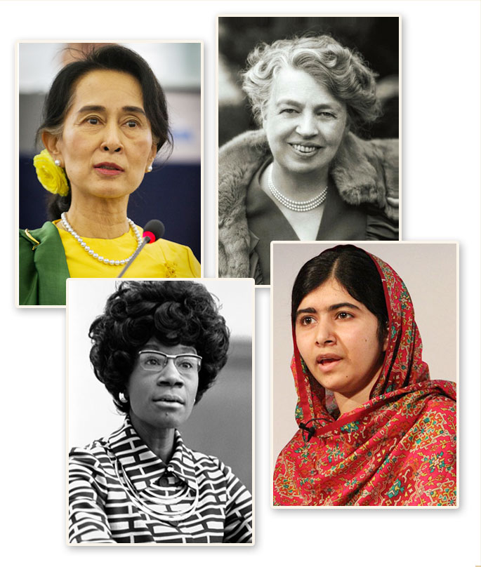 collage of San_Suu_Kyi, Eleanor Roosevelt, Shirley Chisolm, and Malala_Yousafzai